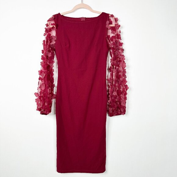 2/$24 SHEIN Sheer Embroidery Mesh Lantern Sleeve Bodycon Dress Red #A0338 TRB2 - Picture 3 of 7
